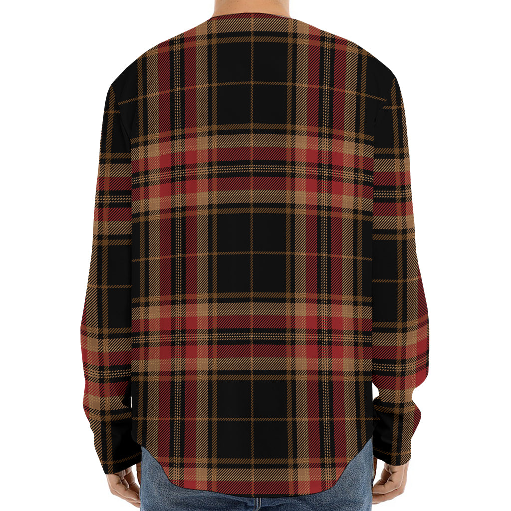 Black And Red Stewart Tartan Print Long Sleeve Baseball Jersey