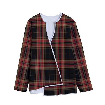 Black And Red Stewart Tartan Print Long Sleeve Short Coat