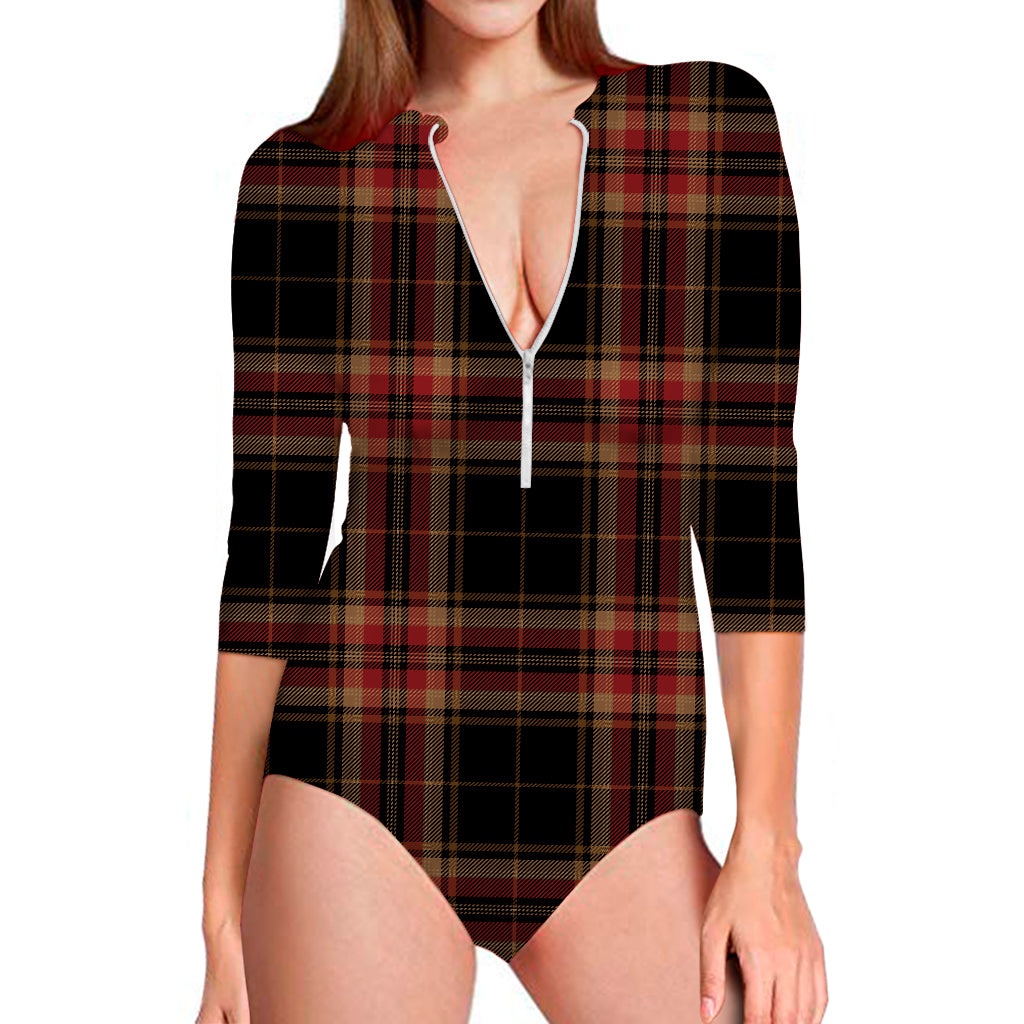 Black And Red Stewart Tartan Print Long Sleeve Swimsuit