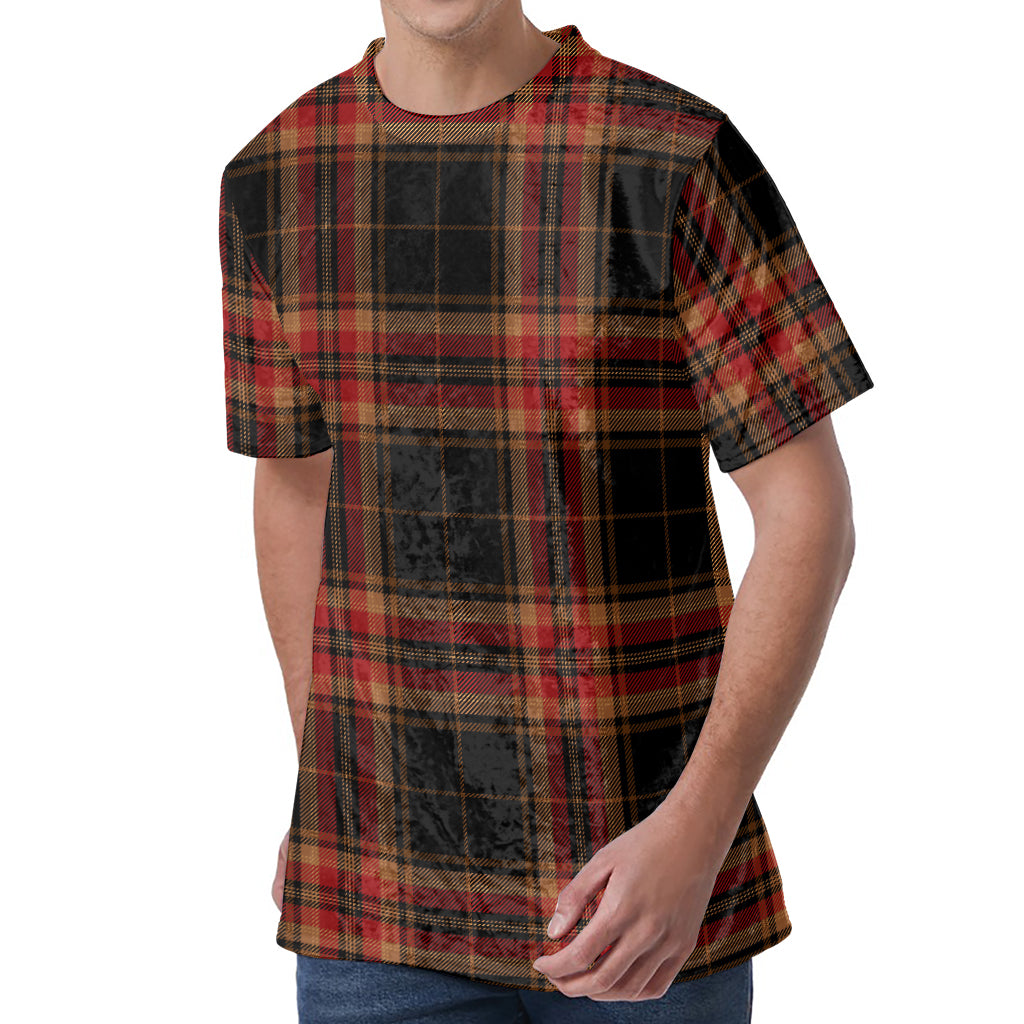 Black And Red Stewart Tartan Print Men's Velvet T-Shirt