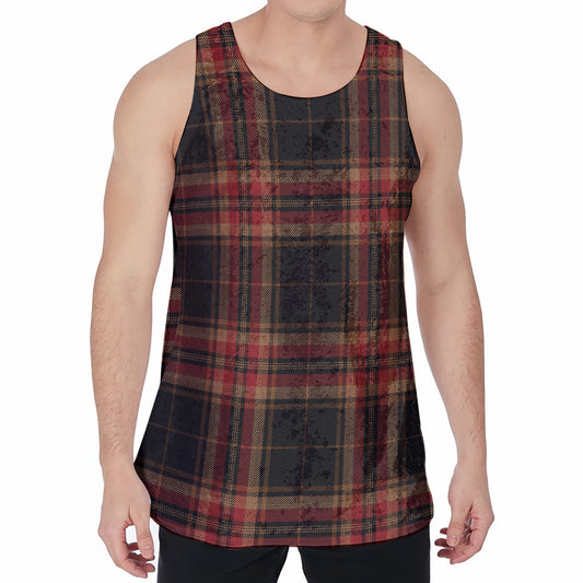 Black And Red Stewart Tartan Print Men's Velvet Tank Top