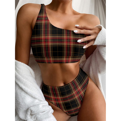 Black And Red Stewart Tartan Print One Shoulder Bikini Top