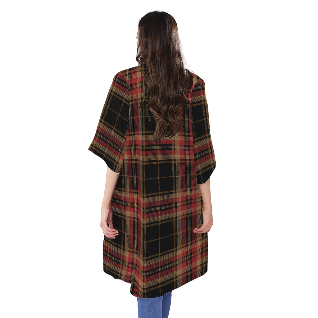Black And Red Stewart Tartan Print Open Front Beach Cover Up