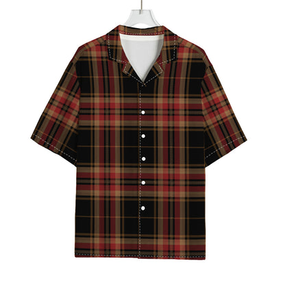Black And Red Stewart Tartan Print Rayon Hawaiian Shirt