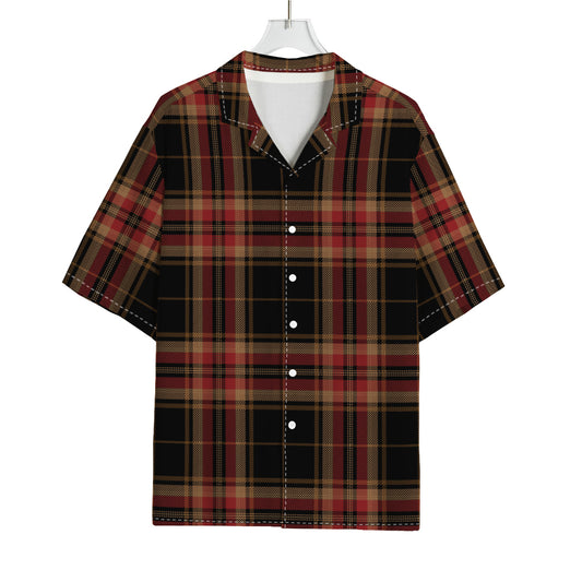 Black And Red Stewart Tartan Print Rayon Hawaiian Shirt