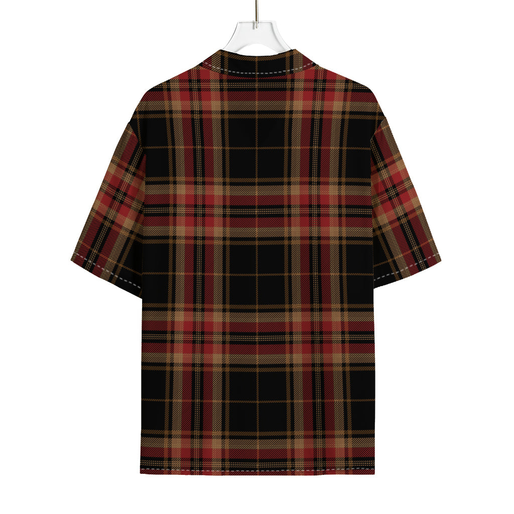 Black And Red Stewart Tartan Print Rayon Hawaiian Shirt
