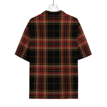 Black And Red Stewart Tartan Print Rayon Hawaiian Shirt