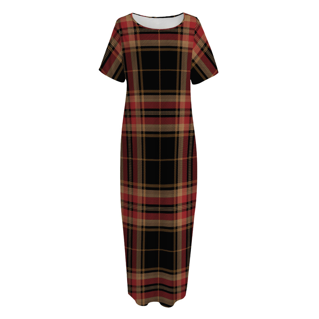 Black And Red Stewart Tartan Print Short Sleeve Long Nightdress