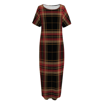 Black And Red Stewart Tartan Print Short Sleeve Long Nightdress