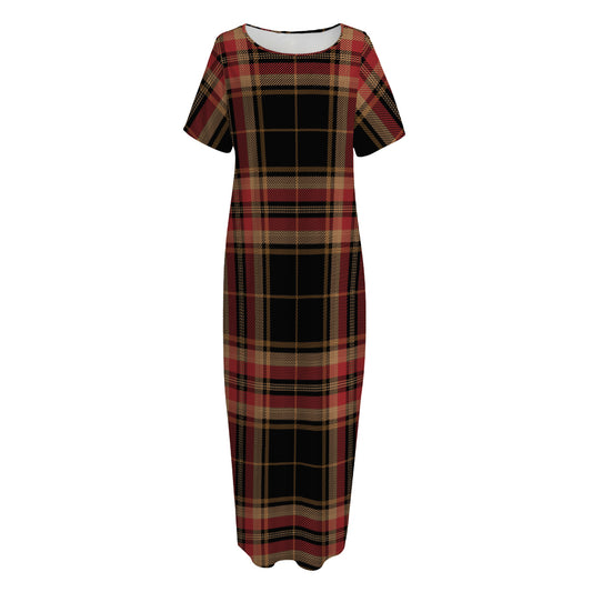 Black And Red Stewart Tartan Print Short Sleeve Long Nightdress