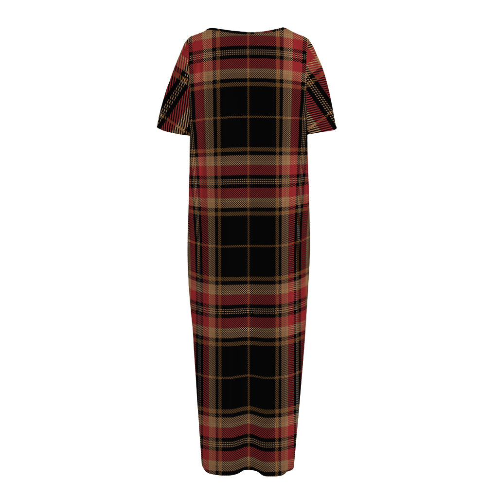 Black And Red Stewart Tartan Print Short Sleeve Long Nightdress