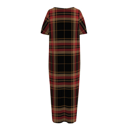 Black And Red Stewart Tartan Print Short Sleeve Long Nightdress
