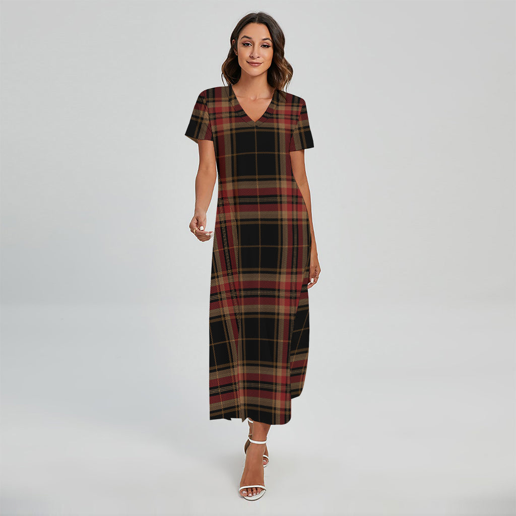 Black And Red Stewart Tartan Print Short Sleeve Maxi Dress