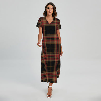 Black And Red Stewart Tartan Print Short Sleeve Maxi Dress