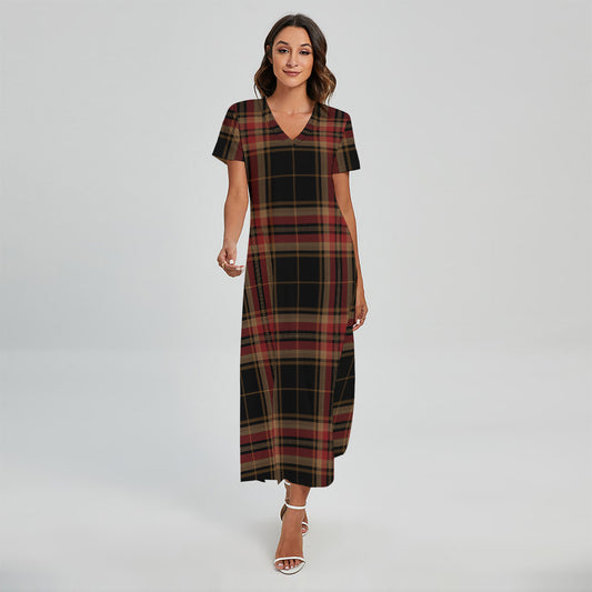 Black And Red Stewart Tartan Print Short Sleeve Maxi Dress