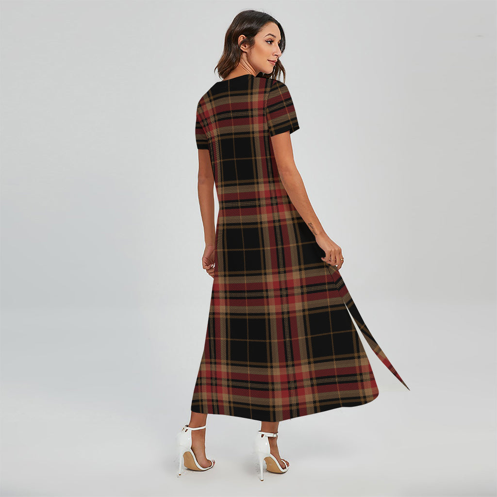 Black And Red Stewart Tartan Print Short Sleeve Maxi Dress