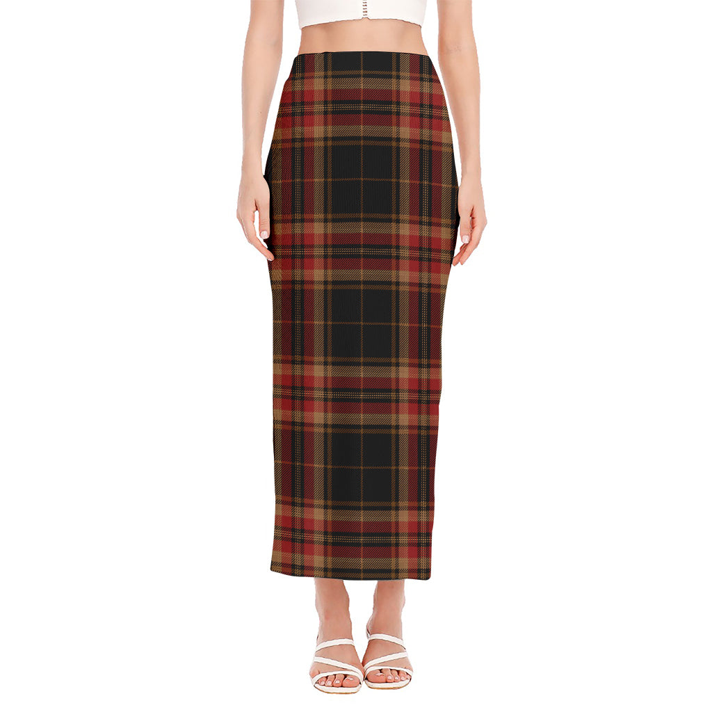 Black And Red Stewart Tartan Print Side Slit Maxi Skirt