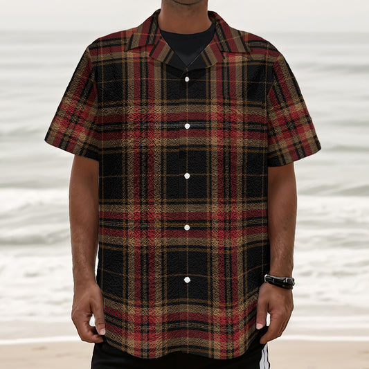 Black And Red Stewart Tartan Print Textured Short Sleeve Shirt