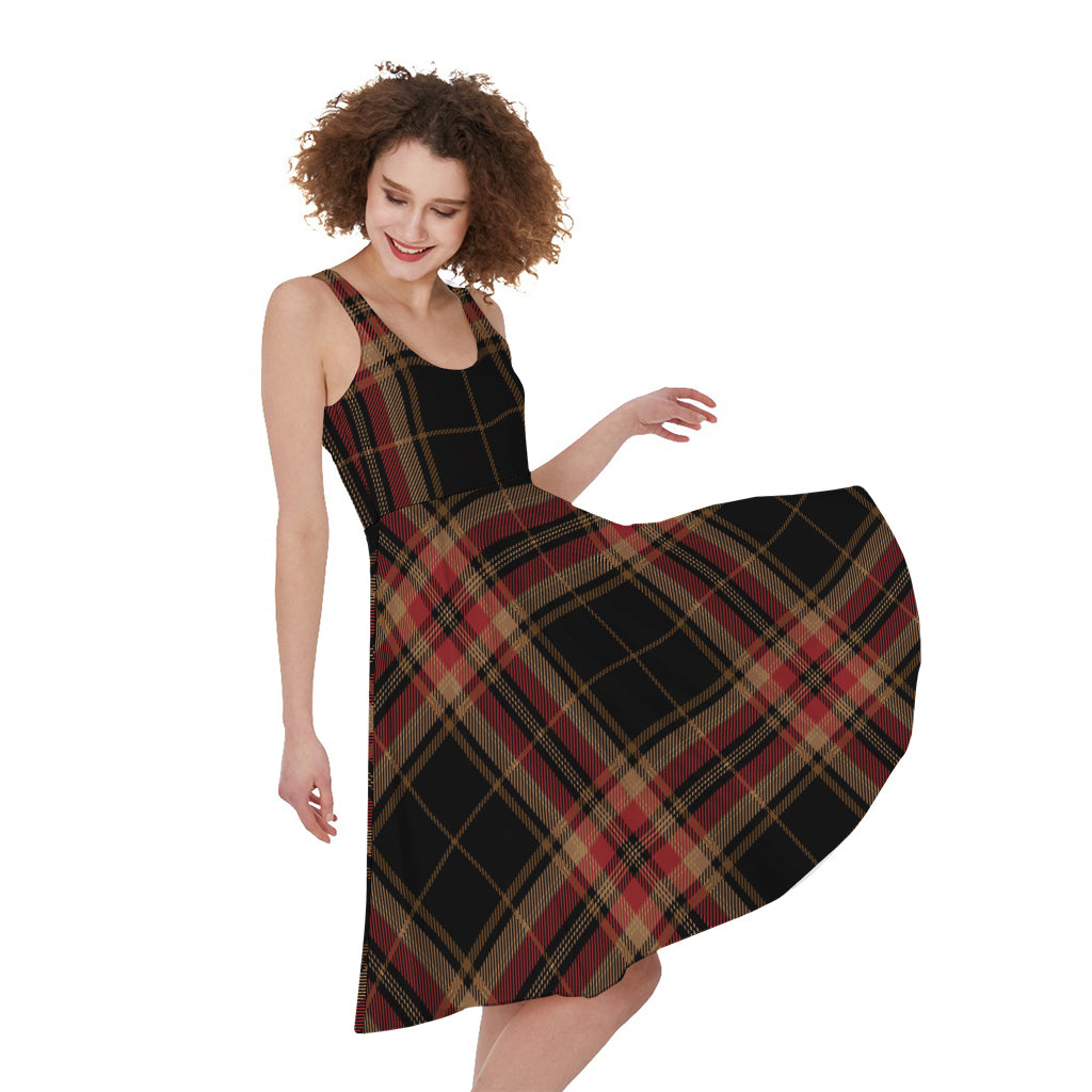 Black And Red Stewart Tartan Print Women's Sleeveless Dress