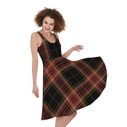 Black And Red Stewart Tartan Print Women's Sleeveless Dress