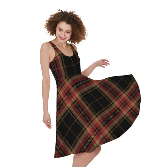 Black And Red Stewart Tartan Print Women's Sleeveless Dress