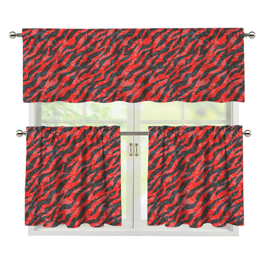 Black And Red Tiger Stripe Camo Print 3 Piece Kitchen Curtains
