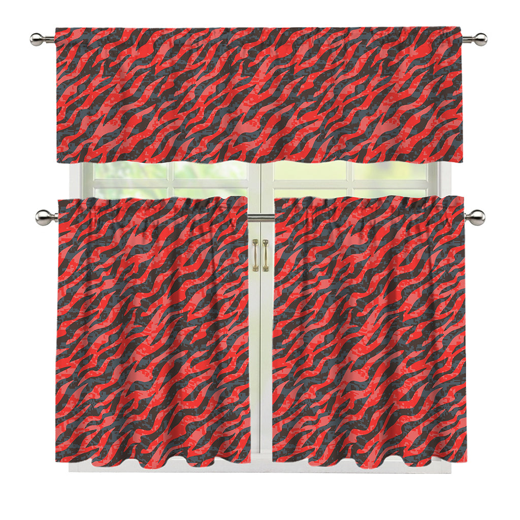 Black And Red Tiger Stripe Camo Print 3 Piece Kitchen Curtains