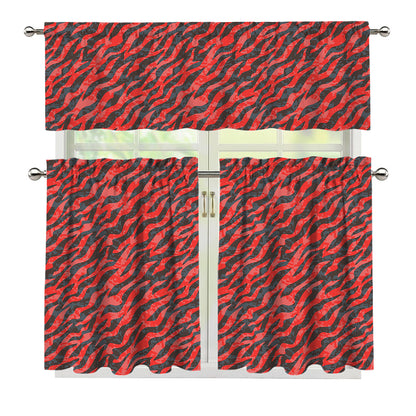 Black And Red Tiger Stripe Camo Print 3 Piece Kitchen Curtains