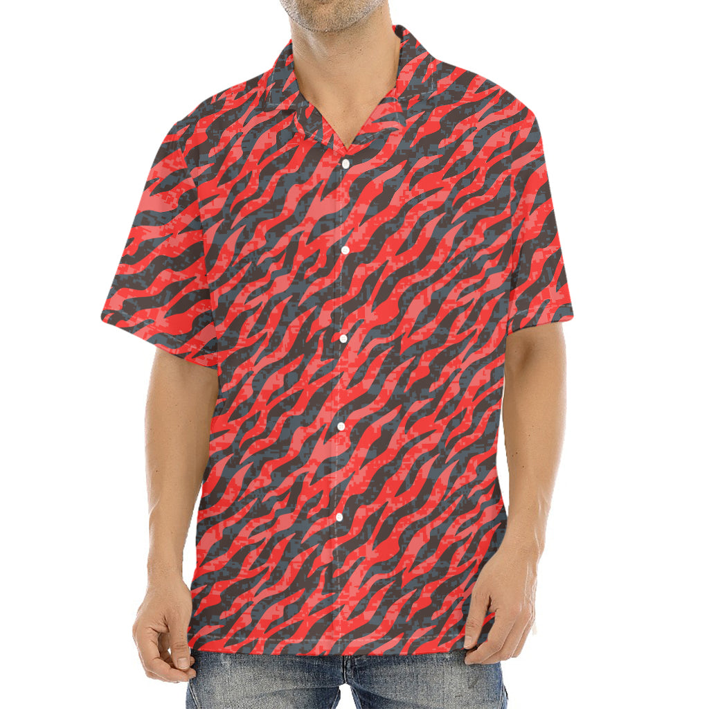 Black And Red Tiger Stripe Camo Print Aloha Shirt