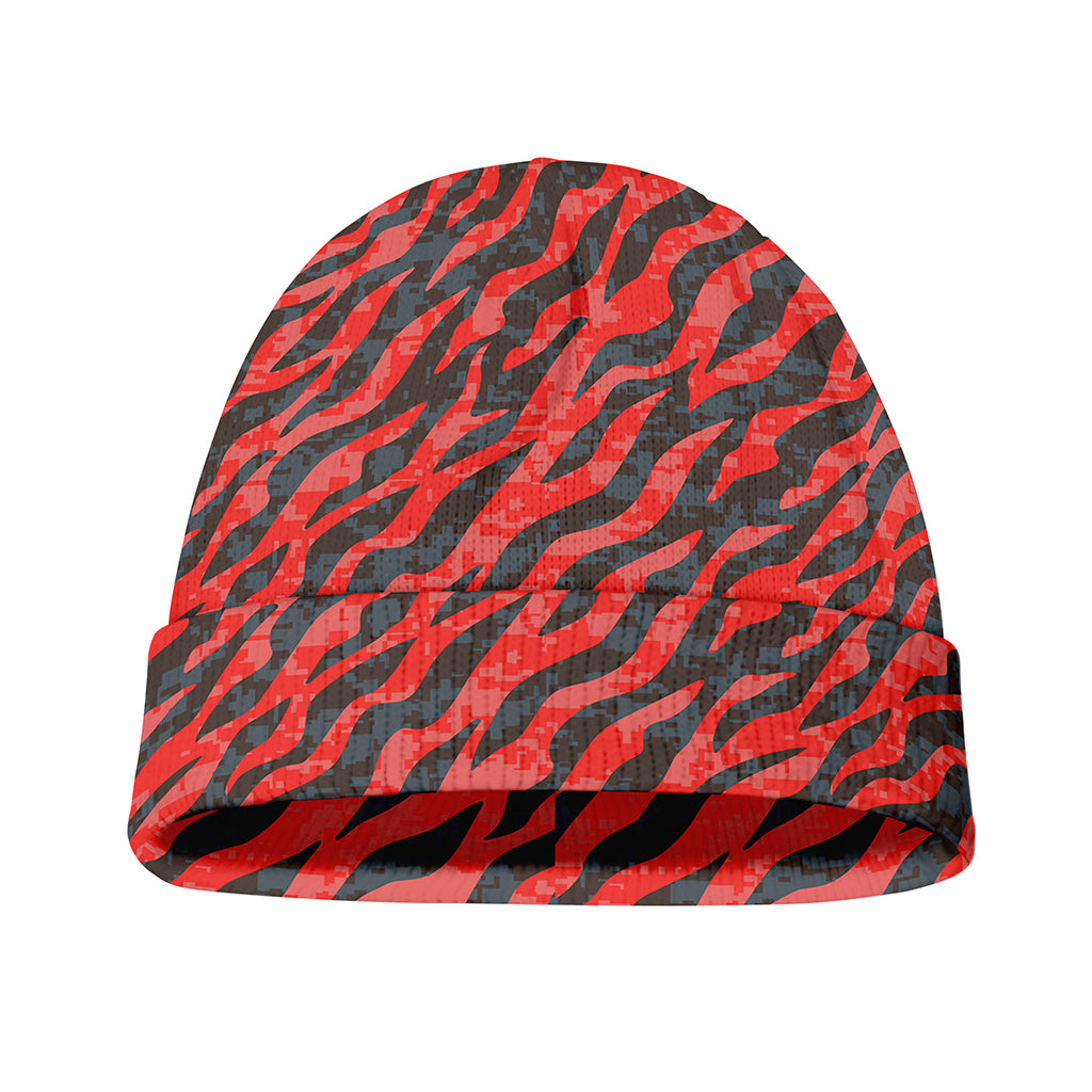 Black And Red Tiger Stripe Camo Print Beanie