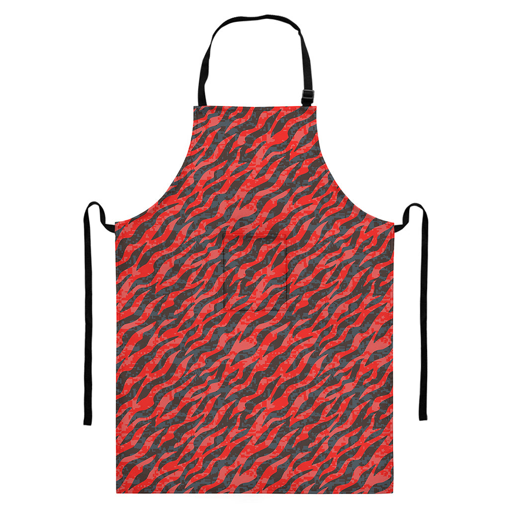 Black And Red Tiger Stripe Camo Print Bib Apron With Pocket