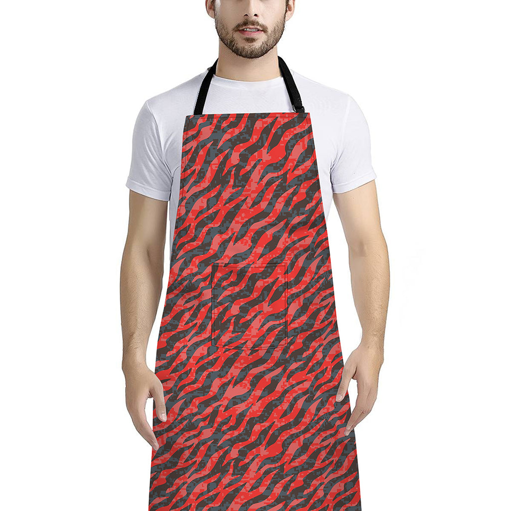 Black And Red Tiger Stripe Camo Print Bib Apron With Pocket