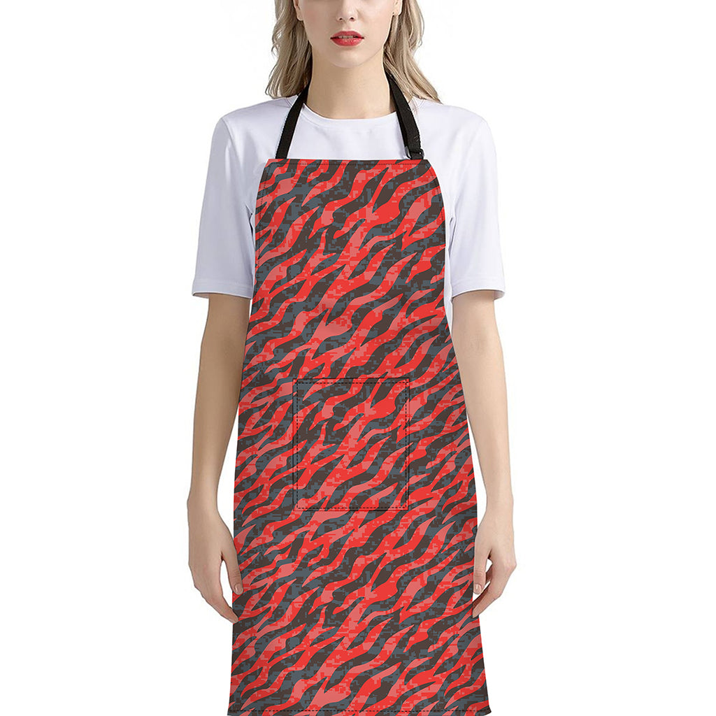 Black And Red Tiger Stripe Camo Print Bib Apron With Pocket