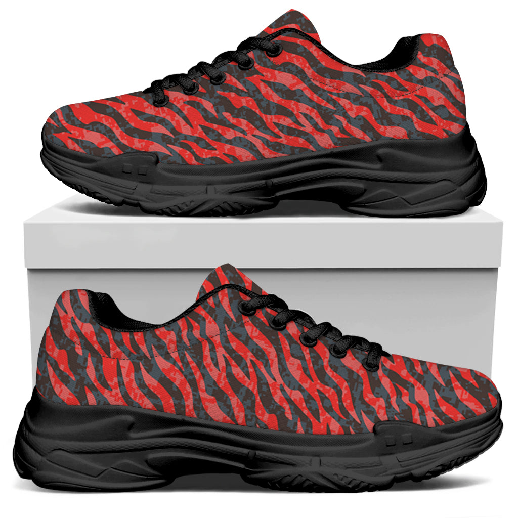 Black And Red Tiger Stripe Camo Print Black Chunky Shoes