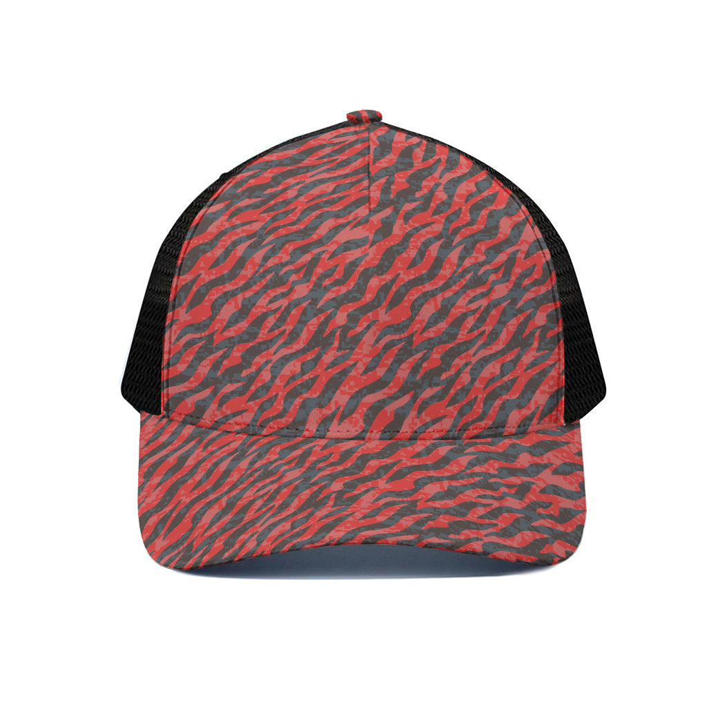 Black And Red Tiger Stripe Camo Print Black Mesh Trucker Cap