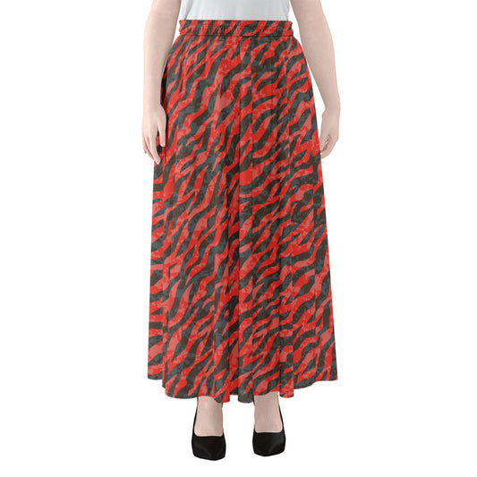 Black And Red Tiger Stripe Camo Print Chiffon Maxi Skirt