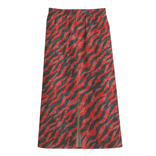 Black And Red Tiger Stripe Camo Print Cotton Front Slit Maxi Skirt