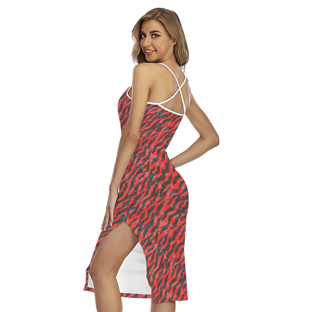 Black And Red Tiger Stripe Camo Print Cross Back Cami Dress