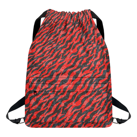 Black And Red Tiger Stripe Camo Print Drawstring Backpack