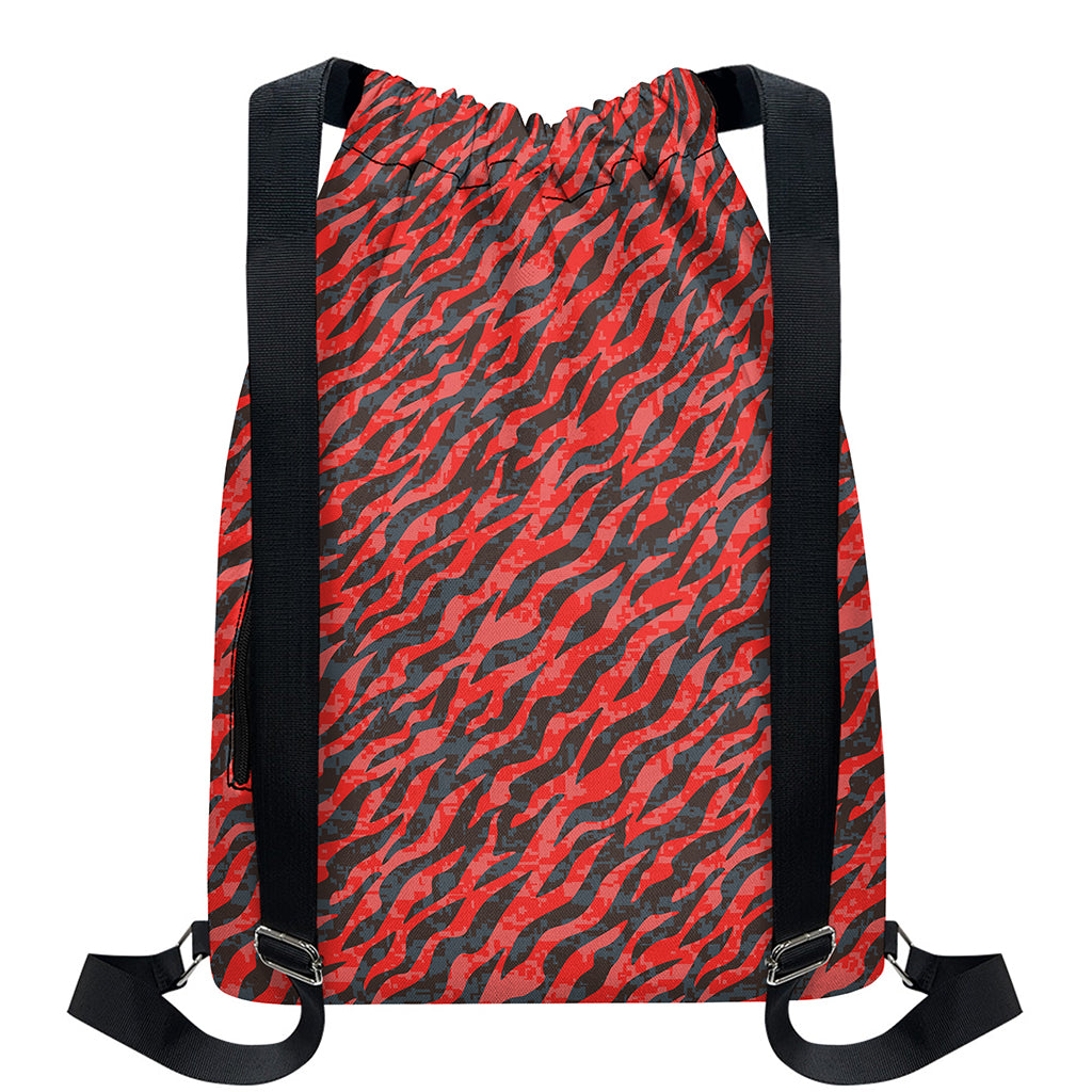 Black And Red Tiger Stripe Camo Print Drawstring Backpack