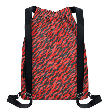 Black And Red Tiger Stripe Camo Print Drawstring Backpack