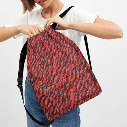 Black And Red Tiger Stripe Camo Print Drawstring Backpack