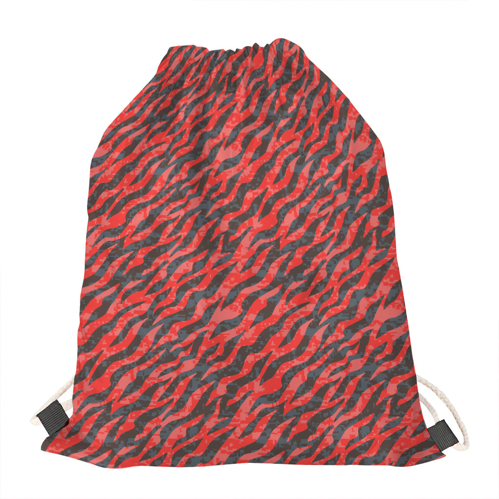 Black And Red Tiger Stripe Camo Print Drawstring Bag