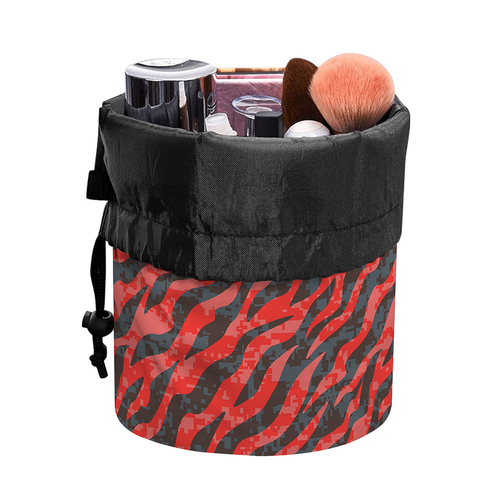 Black And Red Tiger Stripe Camo Print Drawstring Makeup Bag
