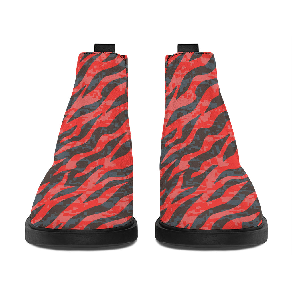 Black And Red Tiger Stripe Camo Print Flat Ankle Boots