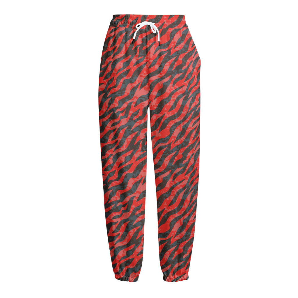 Black And Red Tiger Stripe Camo Print Fleece Lined Knit Pants