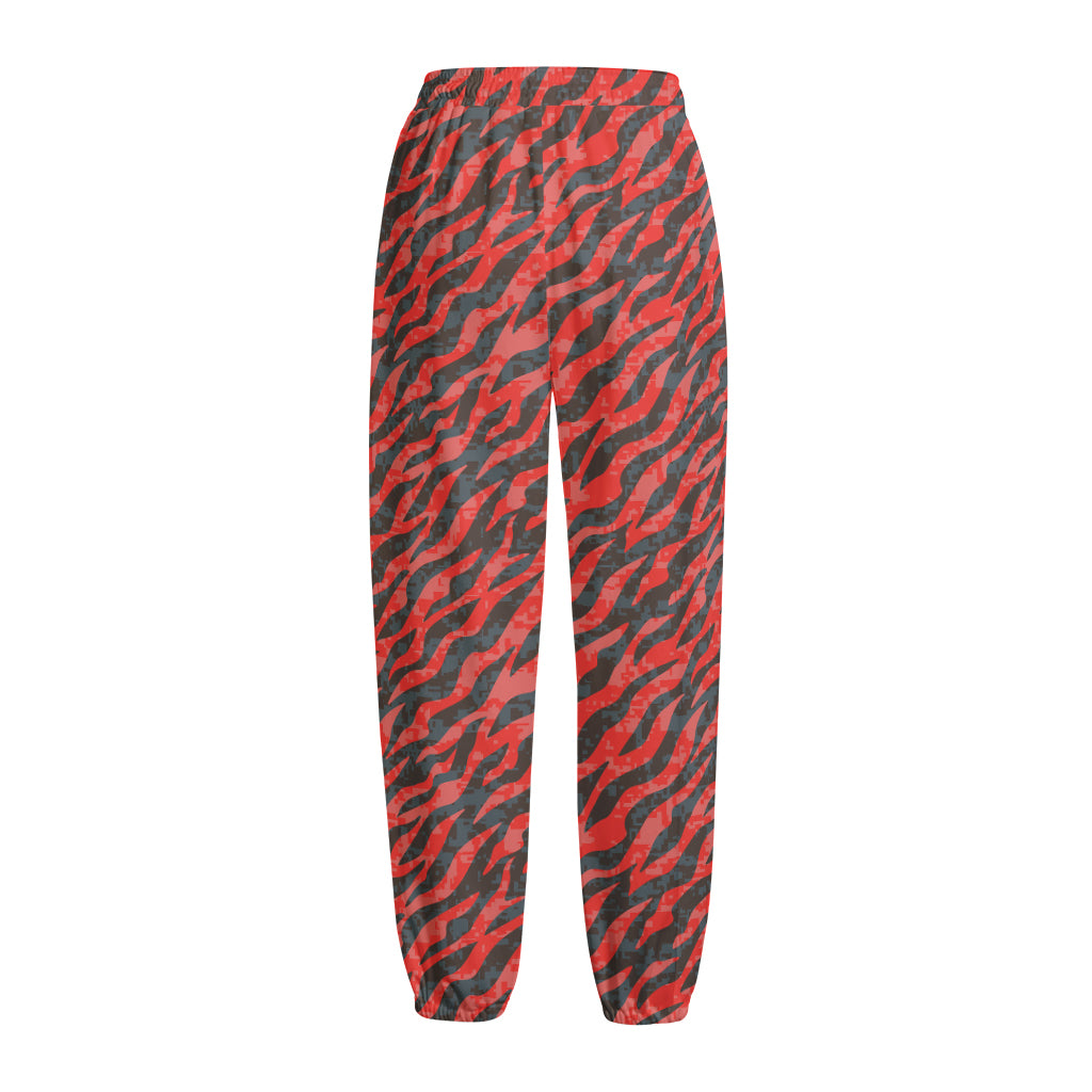 Black And Red Tiger Stripe Camo Print Fleece Lined Knit Pants