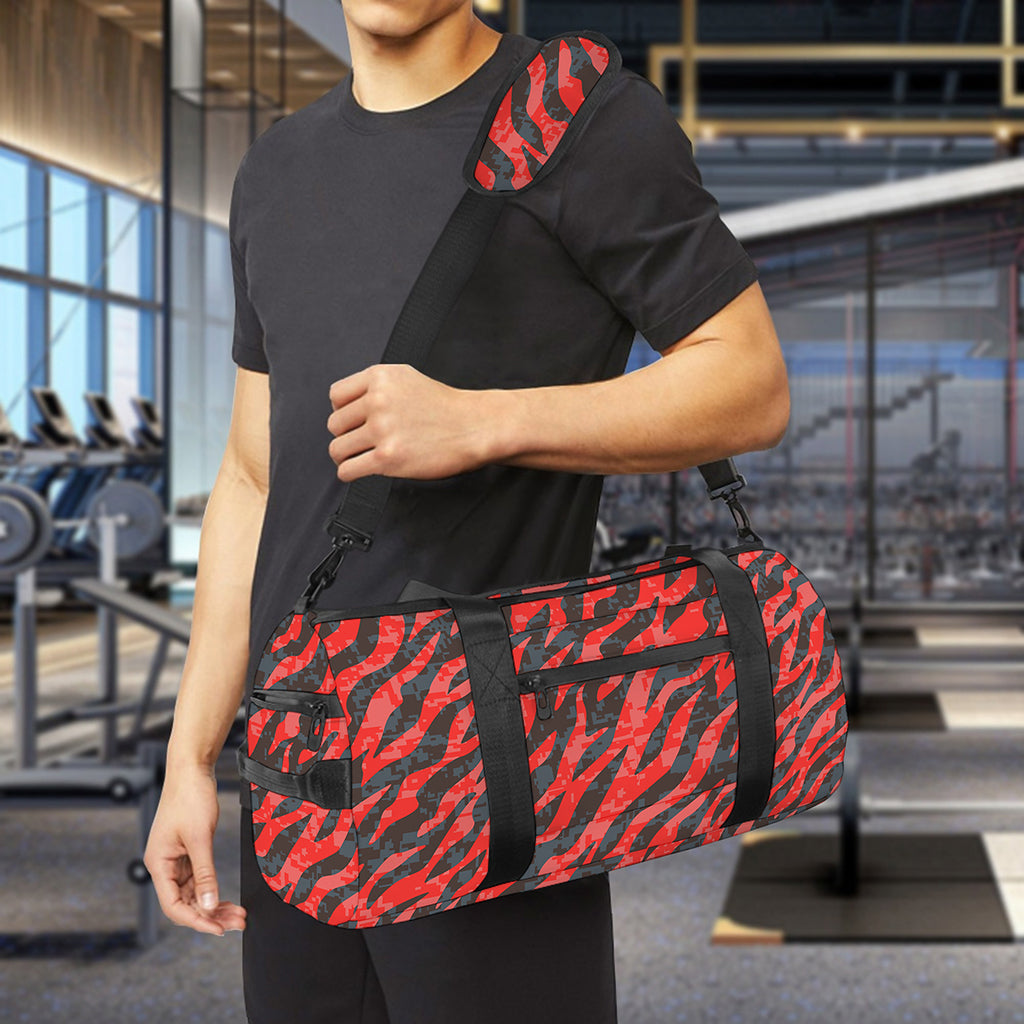 Black And Red Tiger Stripe Camo Print Gym Bag