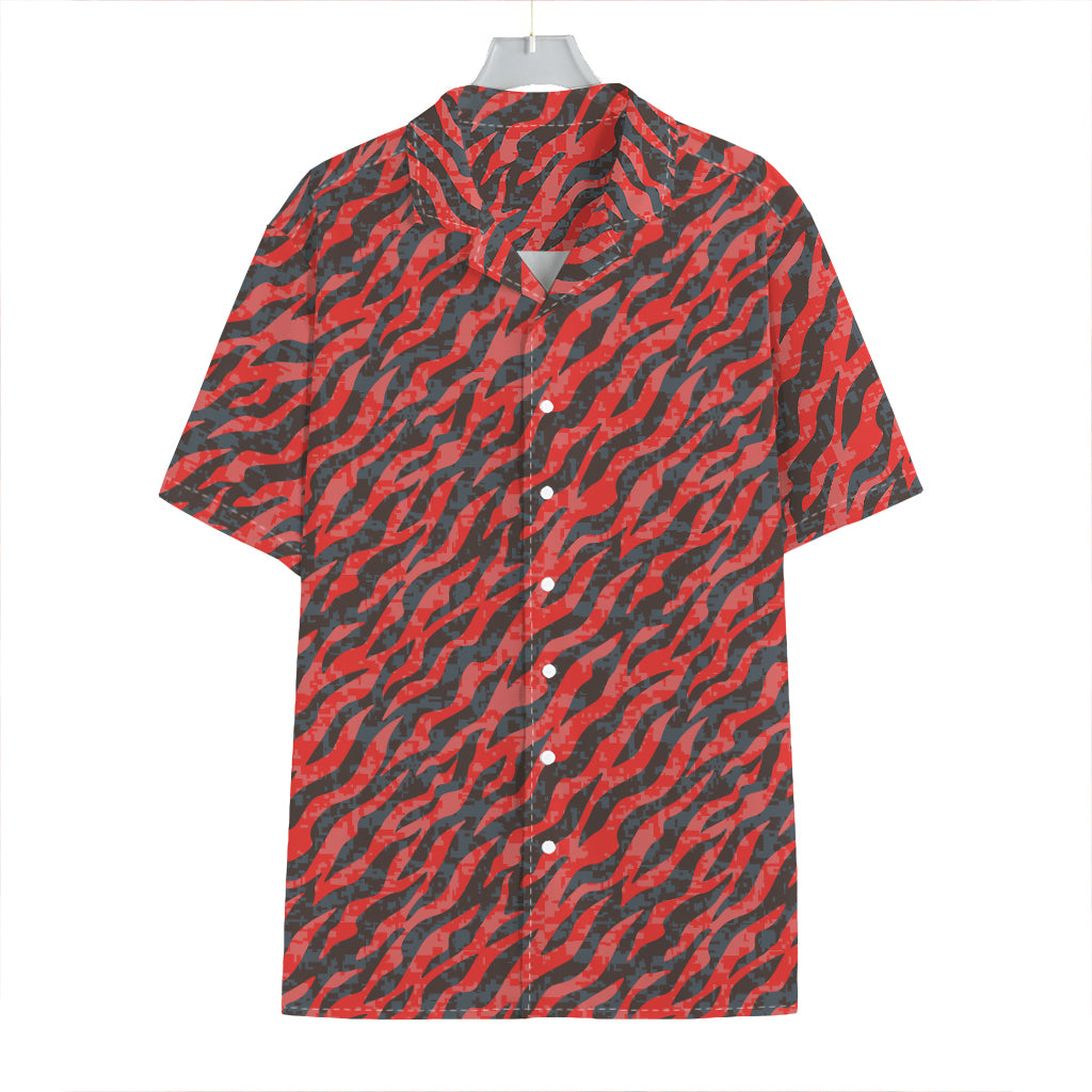 Black And Red Tiger Stripe Camo Print Hawaiian Shirt