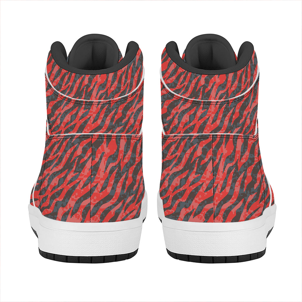 Black And Red Tiger Stripe Camo Print High Top Leather Sneakers